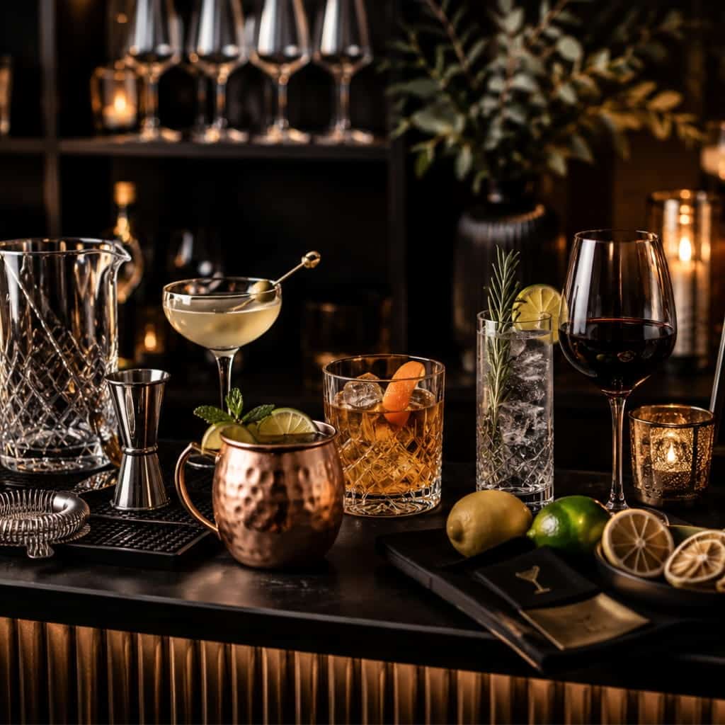 Elegant dark-themed bar and barware rentals setup with cocktail glasses, shakers, premium drinkware, and upscale event bar styling by Atlas Party Rentals