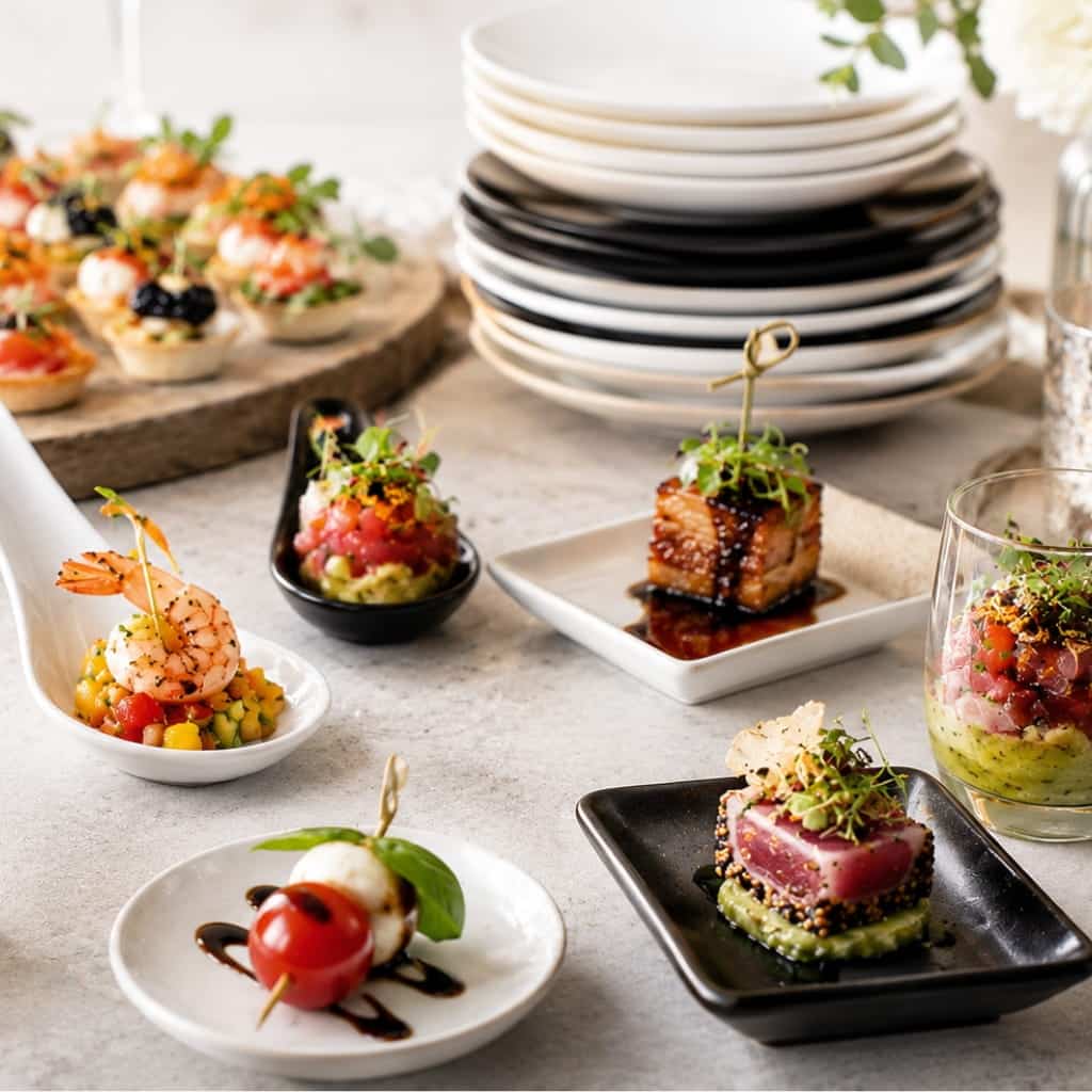 Elegant appetizer plates and tasting rentals setup with gourmet hors d’oeuvres, mini dishes, tasting spoons, and upscale catering presentation by Atlas Party Rentals