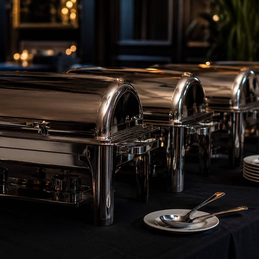 Elegant stainless steel chafing dishes setup for catering and buffet food service rental at weddings and events