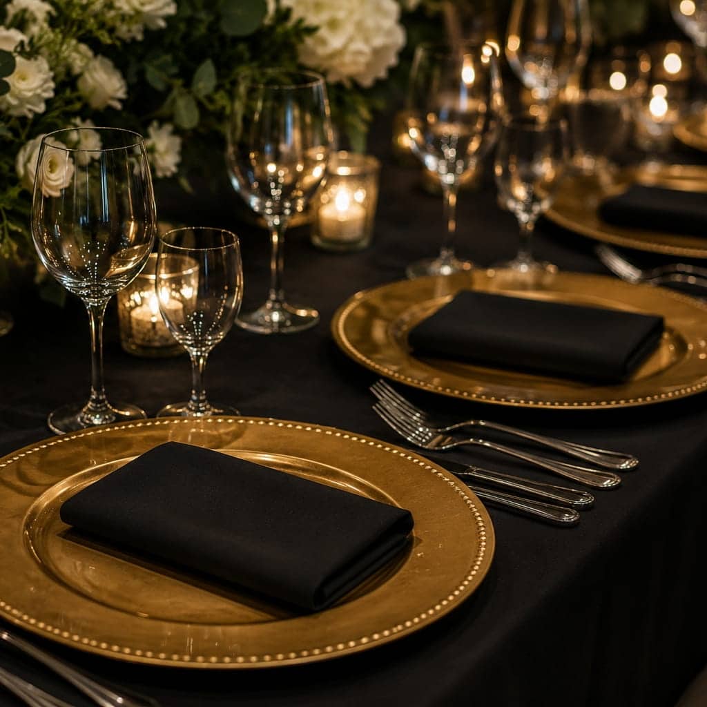 Elegant gold charger plates table setup for wedding receptions and luxury event rentals