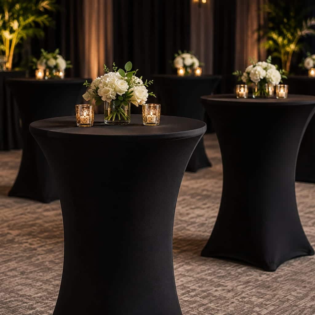Elegant cocktail tables setup for wedding receptions corporate events and upscale party rentals