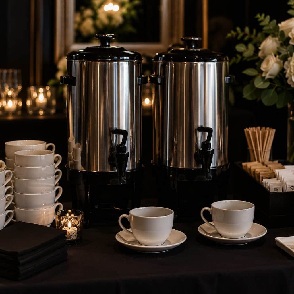Elegant coffee service station setup with stainless steel urns cups and beverage accessories for event rentals