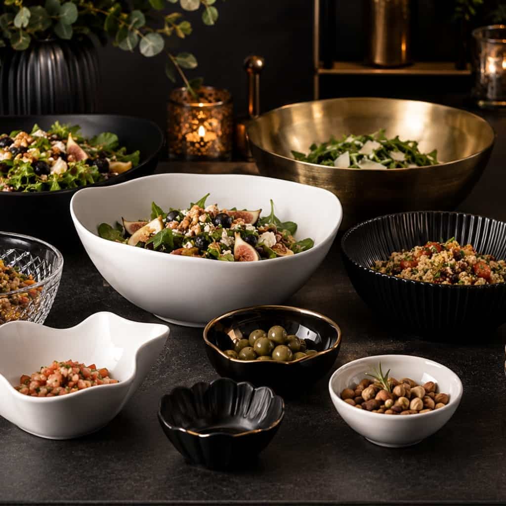 Elegant bowls rentals display featuring modern ceramic and serving bowls with gourmet food presentation and upscale event table styling by Atlas Party Rentals