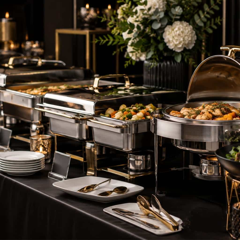 Luxury buffet service and stands rentals setup featuring elegant chafing dishes, serving stations, catering displays, and upscale event buffet styling by Atlas Party Rentals